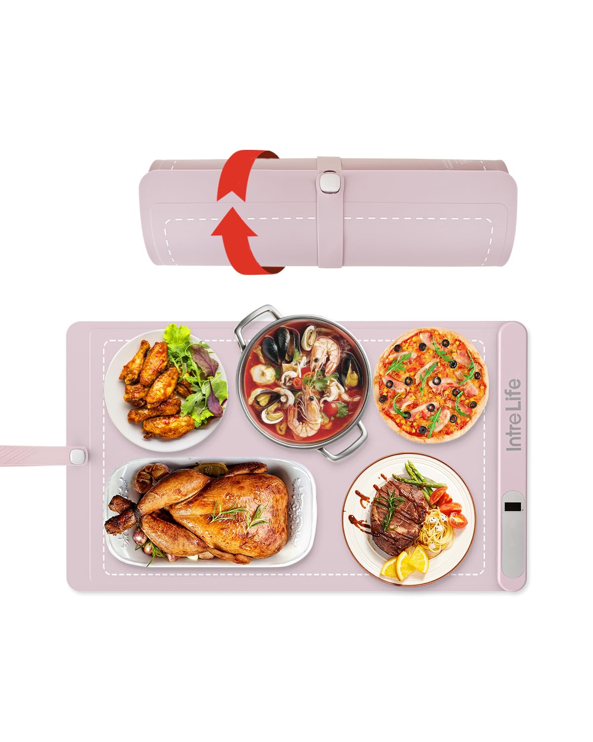 IntreLife Food Warming Mat, Upgraded Warming Mat for Food with Graphene Heating Film, Roll Up Electric Warming Tray with 7 Tempe