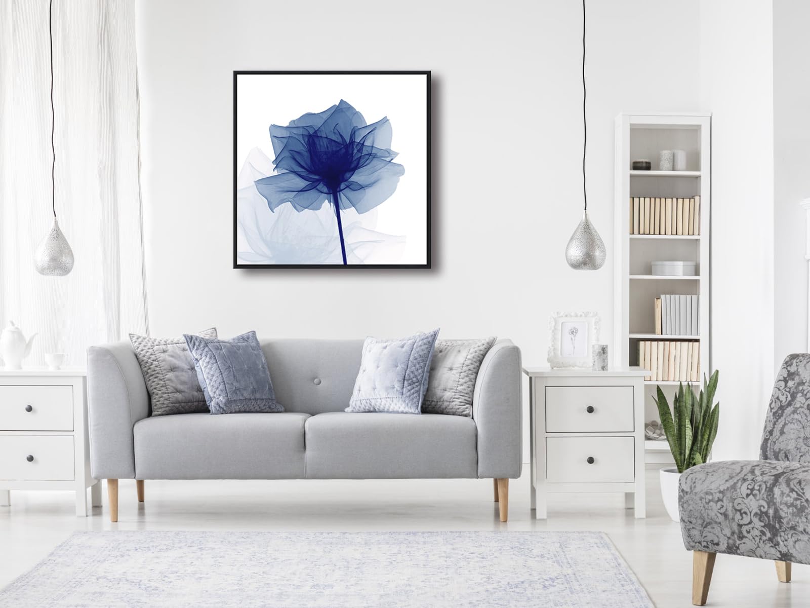 Pyradecor Large Black Framed Blue Flickering Flower Modern Abstract Paintings Canvas Wall Art Grace Floral Pictures On Canvas Pr