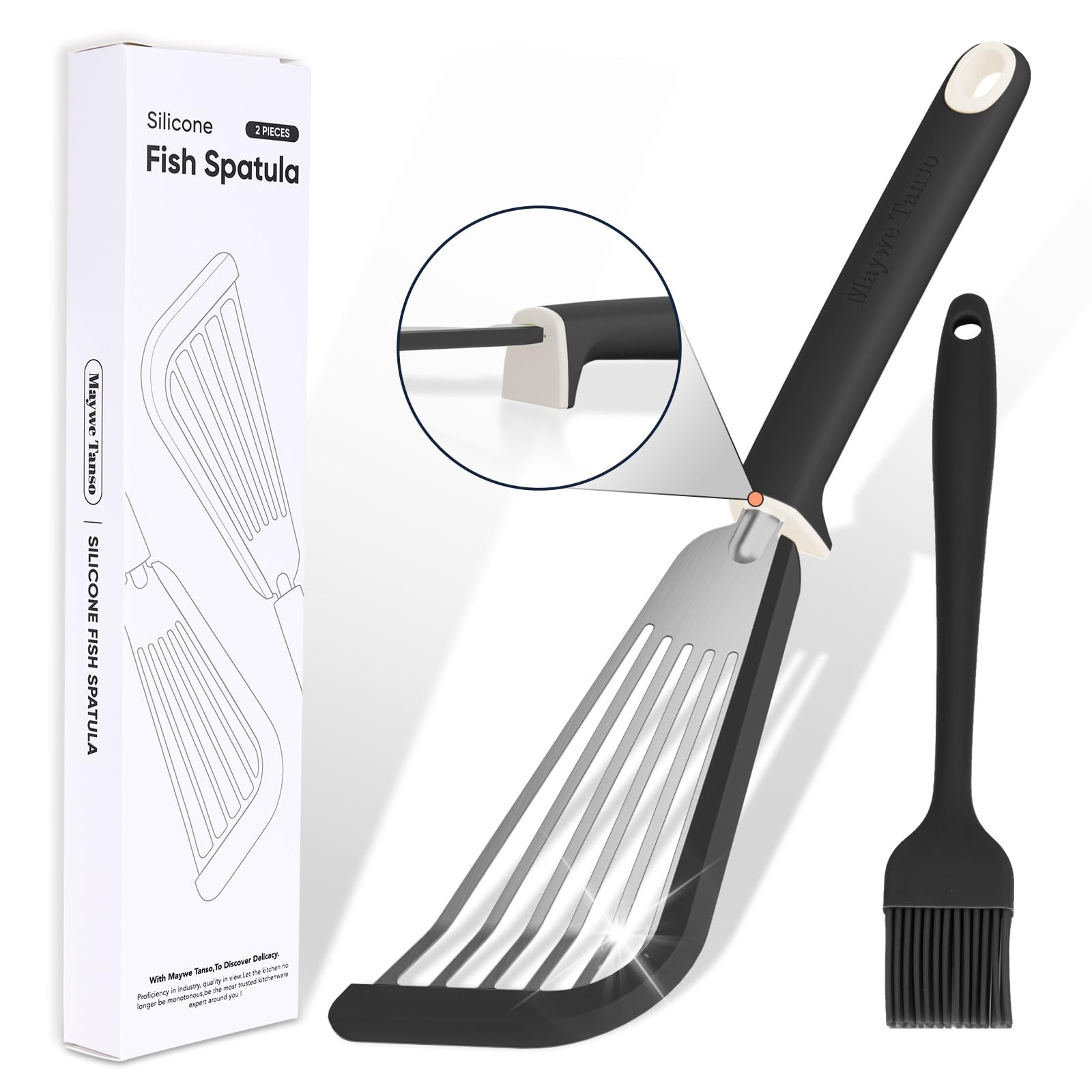 Maywe Tanso Fish Spatula,600? Heat Resistant Silicone Fish Spatula With Basting Brush,For Nonstick Cookware,Flexible Slotted Fis