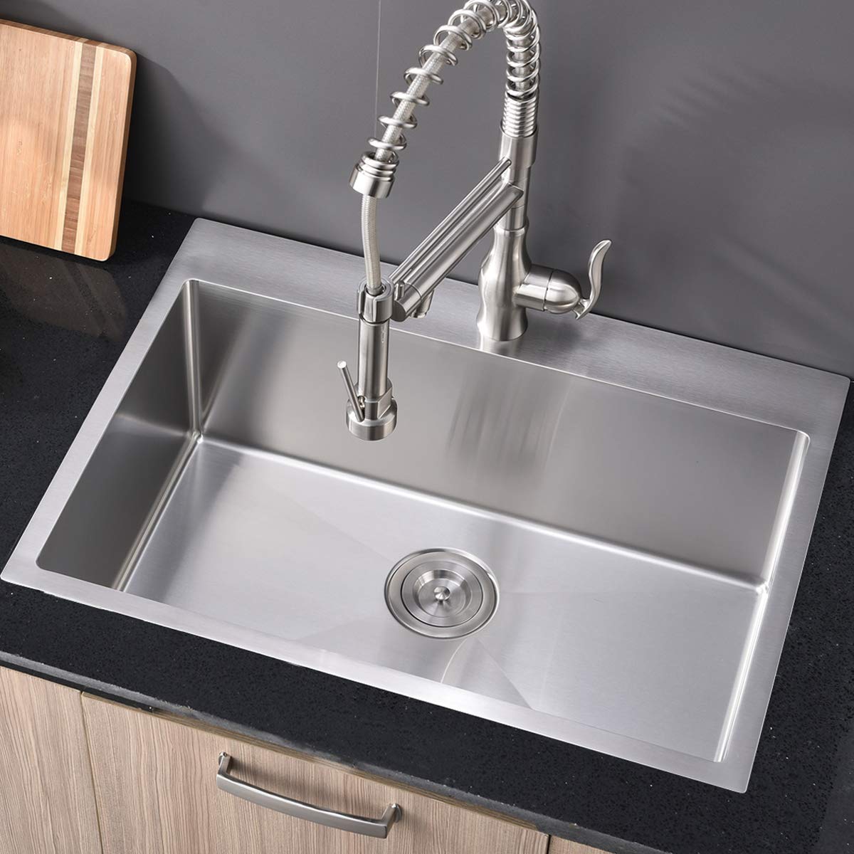 Shaco Commercial 28 Inch 16 Gauge Top Mount Drop-In Single Bowl Basin Handmade T304 Brushed Nickel Kitchen Sink, Stainless Steel