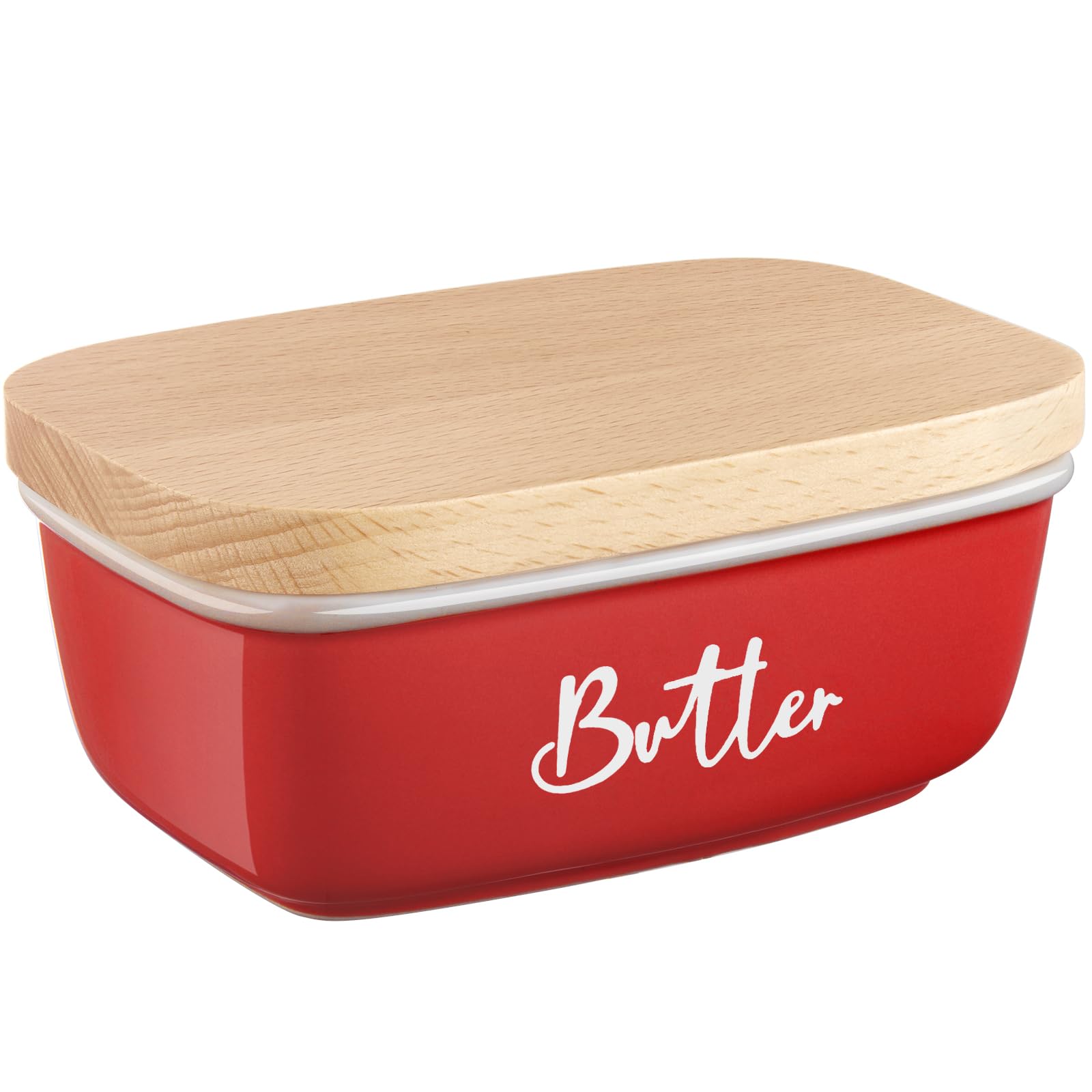 ALELION Red Butter Dish with Lid for Countertop, Ceramic Butter Container with Beech Wood Lid, Airtight Butter Keeper for Counte