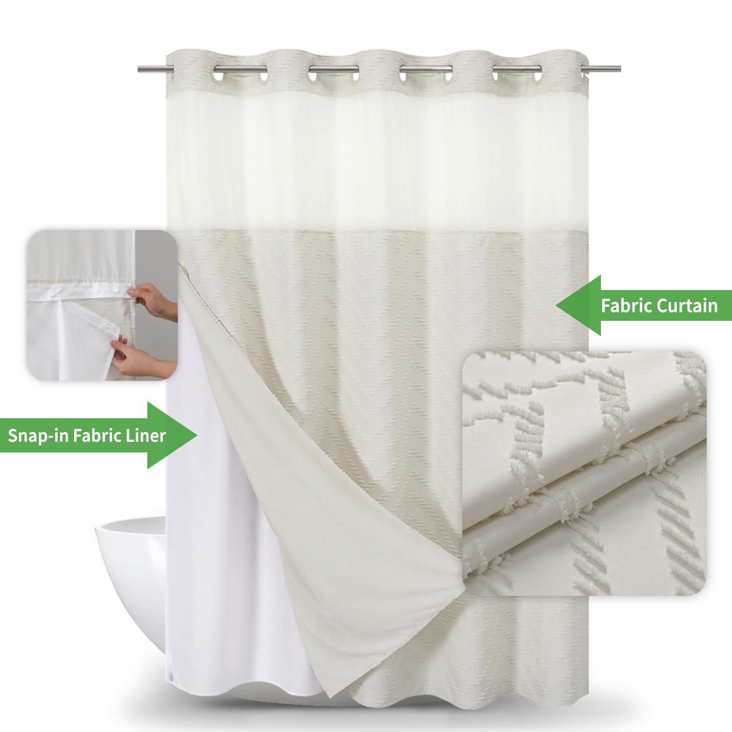 Eachope Long No Hook Tufted Chevron Striped Shower Curtain With Snap-In Fabric Liner Set-71Wx80H(78H),Cream Hotel Grade Boho Sty