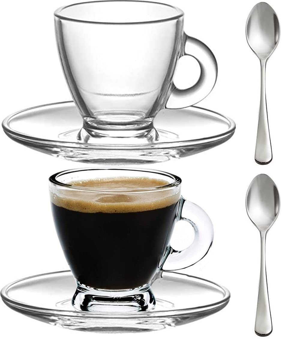 BOHEMS Espresso Cups, 3.2-Ounce. Small Demitasse Clear Glass Espresso Drinkware, Set Of 2 Cups, Saucers and Stainless Steel min