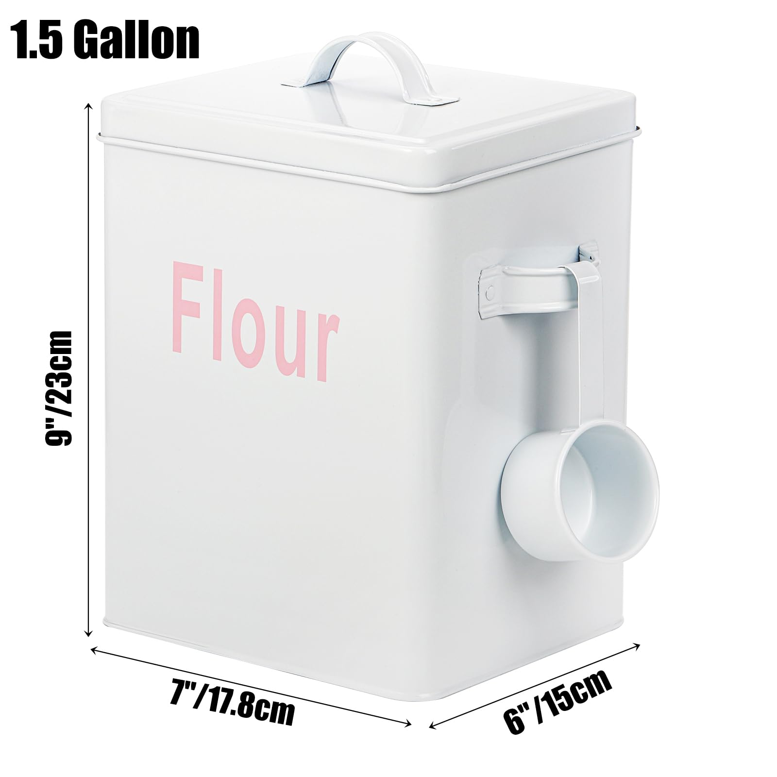 Youeon 1.5 Gallon Metal Flour Storage Container With Airtight Lid And Measuring Scoop, Square Flour Canister With Handle, White