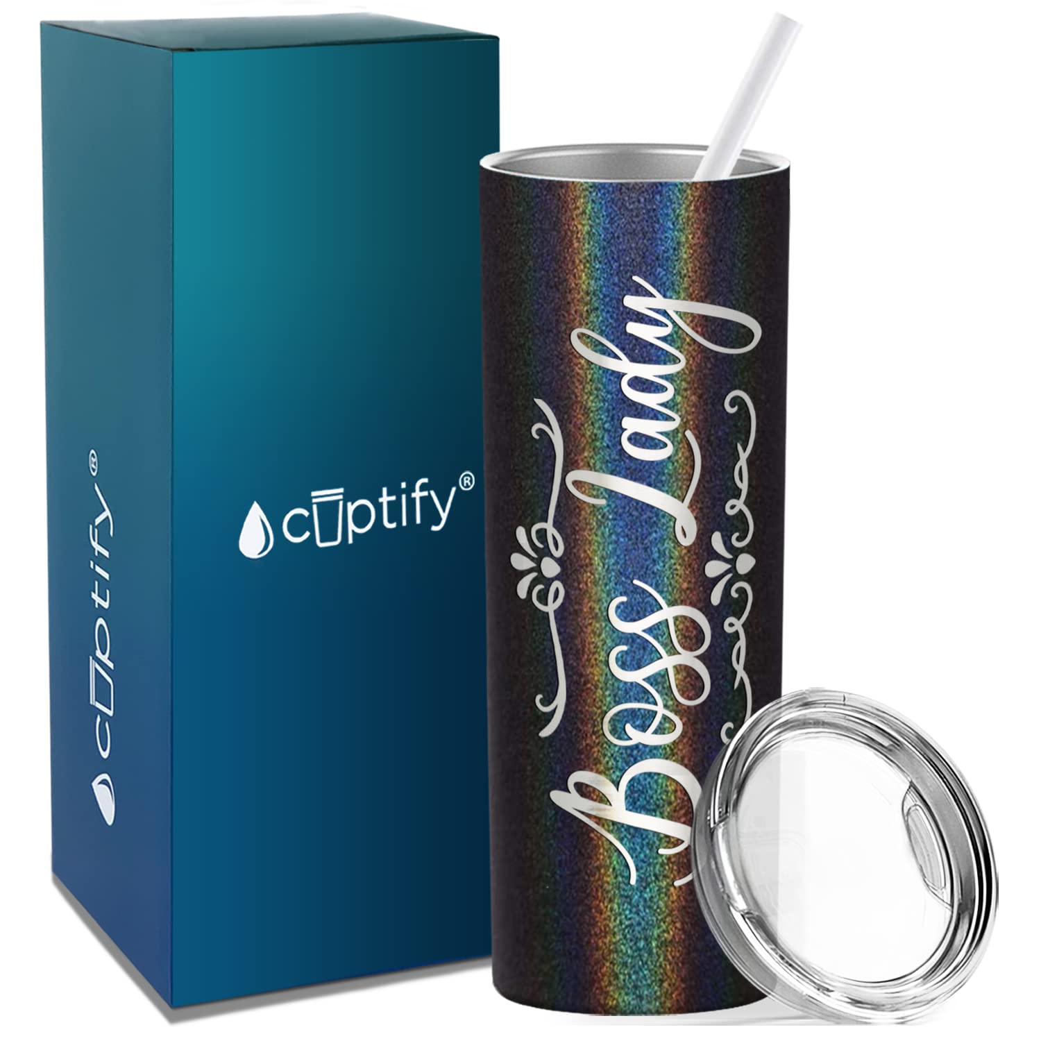 Cuptify Boss Lady Skinny Tumbler With Lid And Straw Laser Engraved On Black Glitter 20 Oz Insulated Stainless Steel Birthday Gif