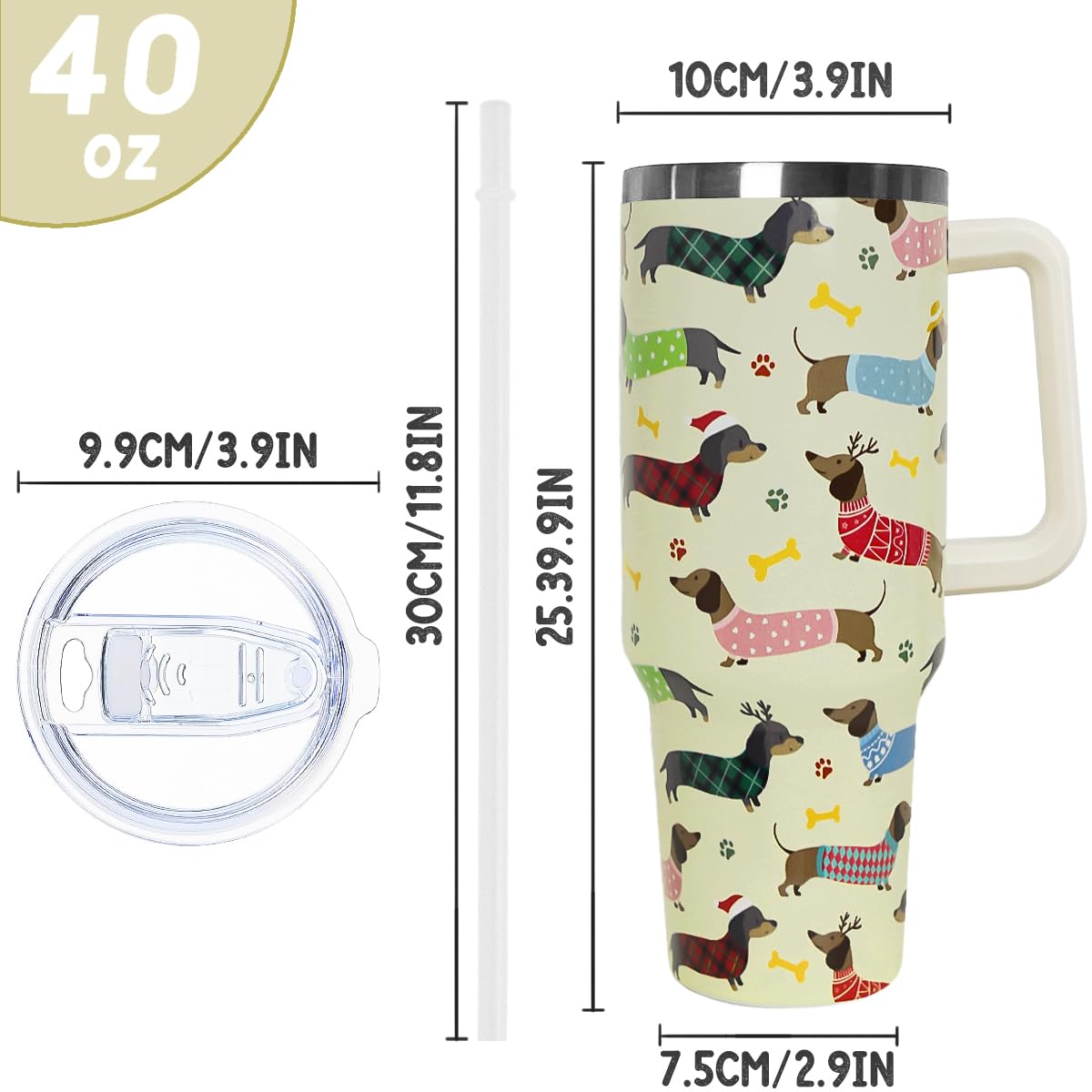 Nqhsionv Dachshund Tumbler with Handle and Straw 40 oz Christmas Cup Weiner Dog Coffee Travel Mug Stainless Steel Insulated Wate