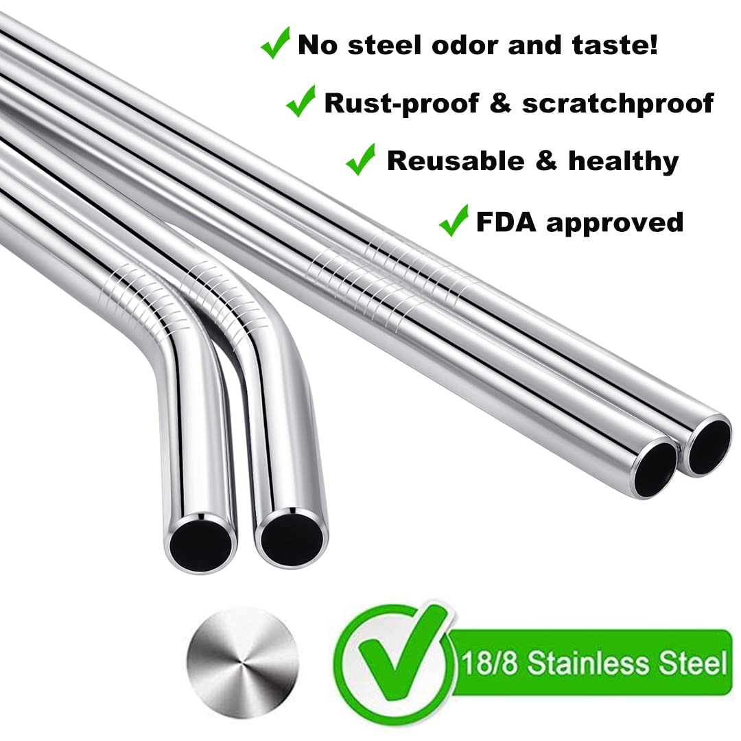 Vannise Jumbo Smoothie Straws Stainless Steel, Set Of 6 Metal Milkshake Straws 0.4'' Wide 10.5'' Long Straws, Long Lasting & Foo