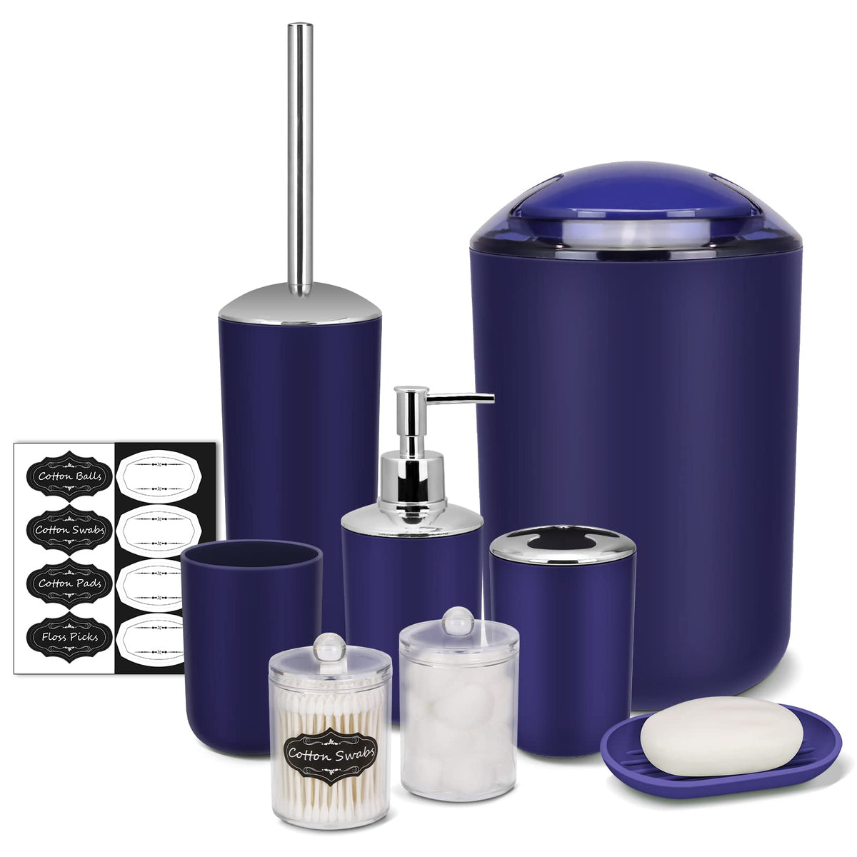 Imavo Bathroom Accessory Set - 8 Pcs Blue Bathroom Accessories Set With Trash Can, Soap Dispenser, Soap Dish, Toothbrush Holder,