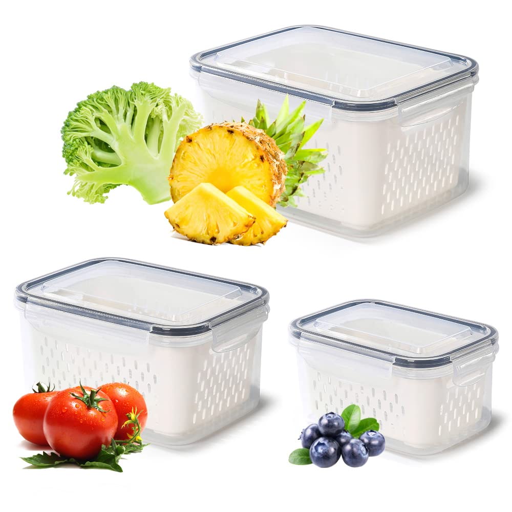Pack Of 3 Fruit Fresh Produce Protector, Grape Container For Fridge, Fruit Saver Lettuce Container With Drain Colanders, Partiti