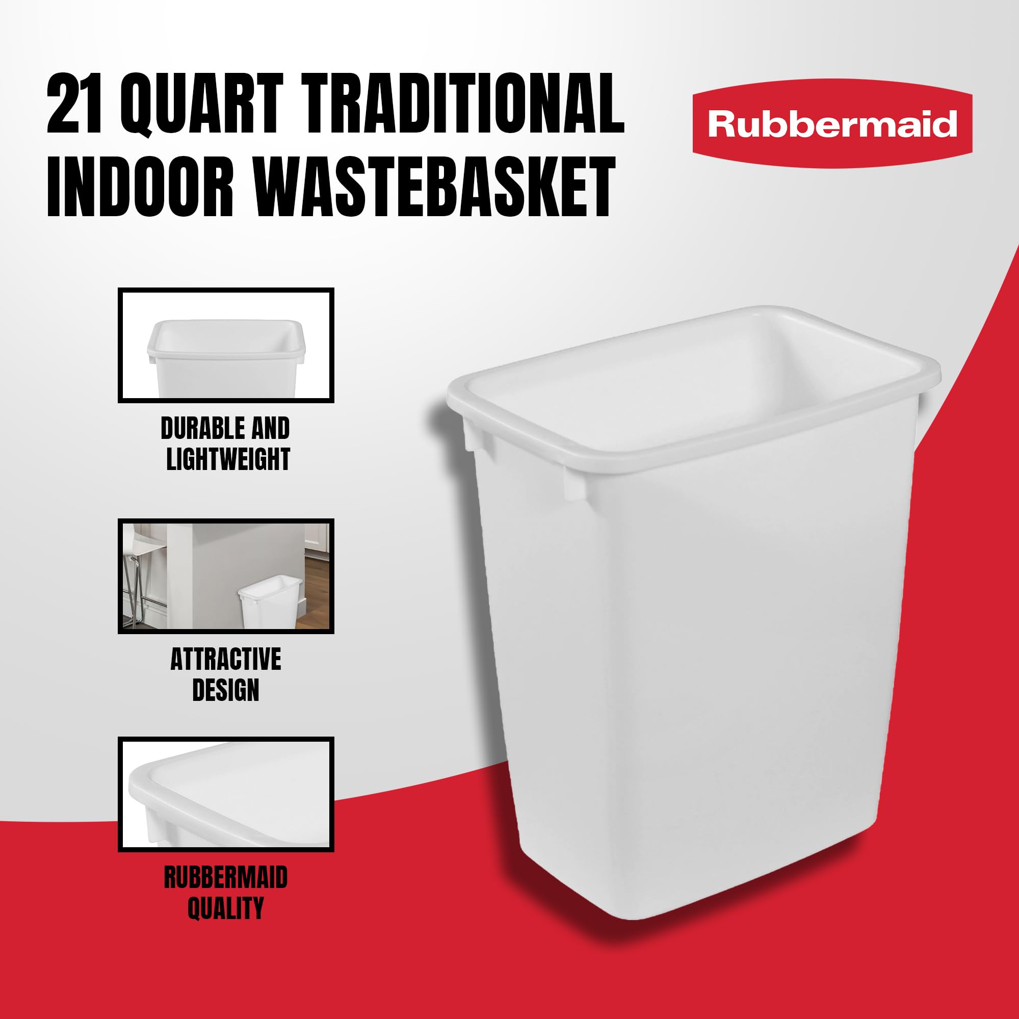 Rubbermaid 21 Quart Traditional Open Top Waste Basket Indoor Trash Bin Container For Bathrooms And Other Indoor Spaces, White