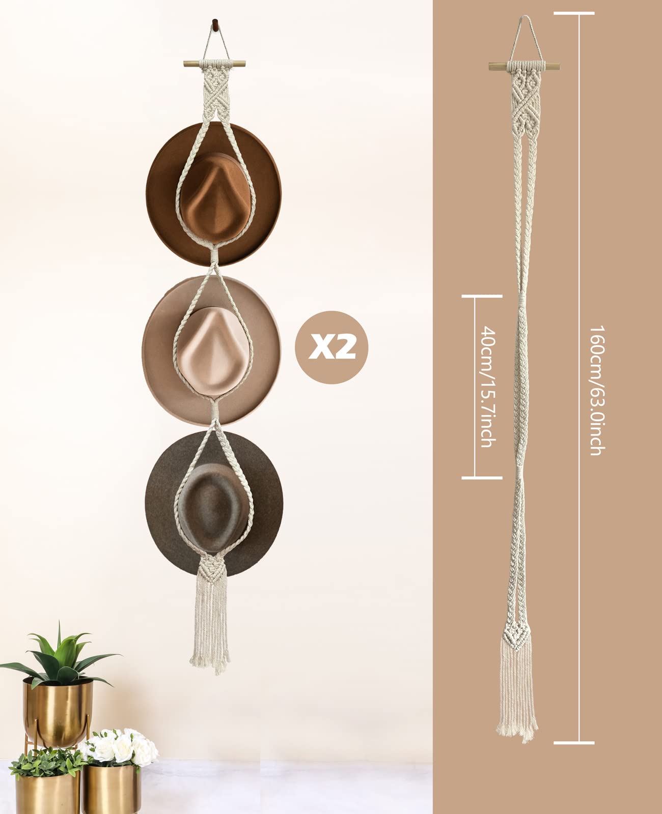 Mayamila 2 Pieces Hat Racks Hat Hangers For Wall, Bohemian Hat Organizer For Wall Hanging Hat Display, Hand Weaving Boho Hat Sto