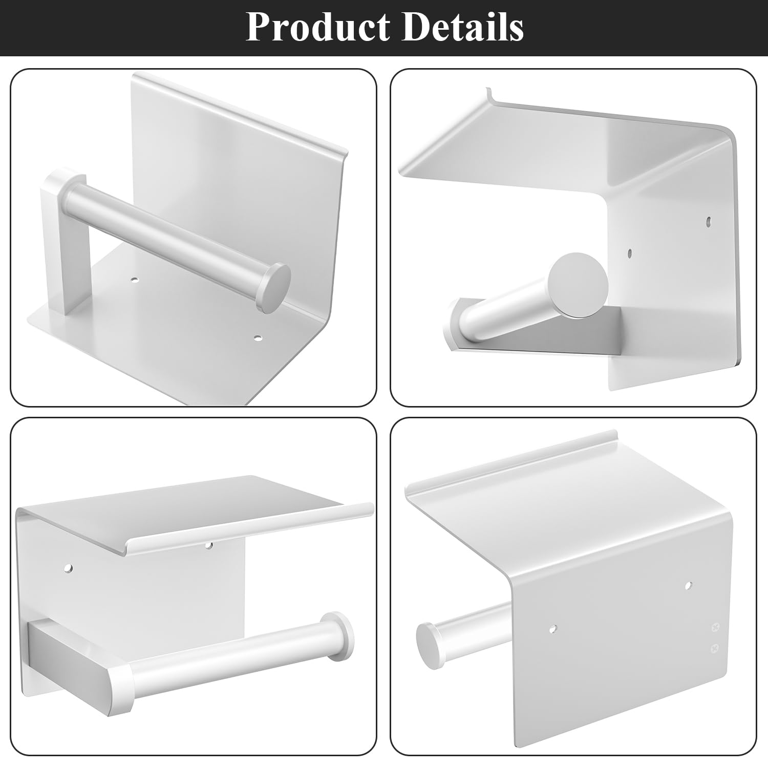 Tindbea Toilet Paper Holder with Phone Shelf + Towel Robe Hooks  Adhesive or Screw Wall Mounted Toilet Paper Roll Storage Dispenser  Stainless Steel Bathroom Tissue Roll Holder (White)