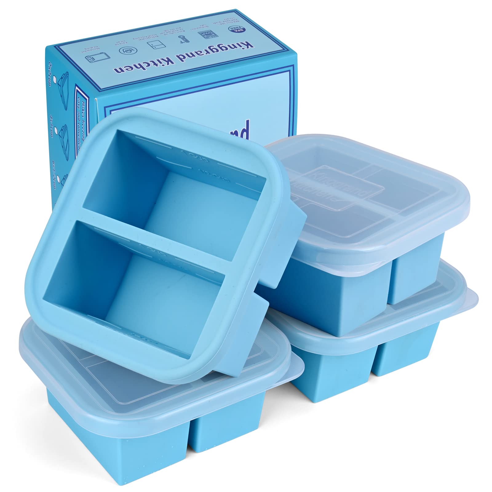 Kinggrand Kitchen 1 Cup Silicone Freezer Molds Silicone Freezer Tray with Lid 4 Pack Soup Freezer Containers Make 8 Soups, Broth