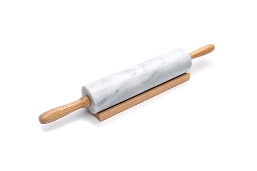 Fox Run White Marble Rolling Pin With Wooden Cradle, 2.5 X 18 X 2.5 Inches