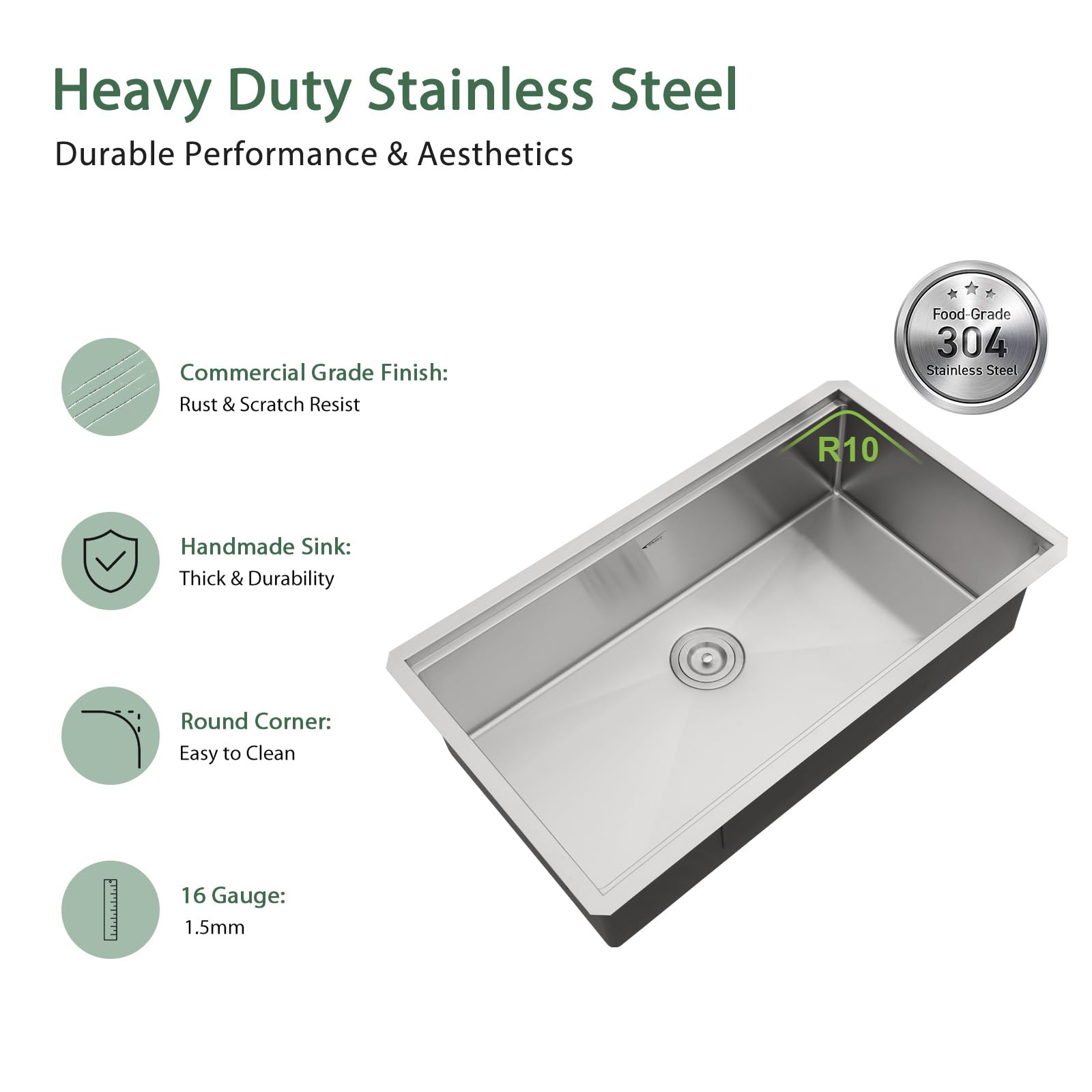 Couoko 33 Inch Undermount Kitchen Sink 16 Gauge Stainless Steel Workstation Round Corners Single Bowl Under Counter Kitchen Sink