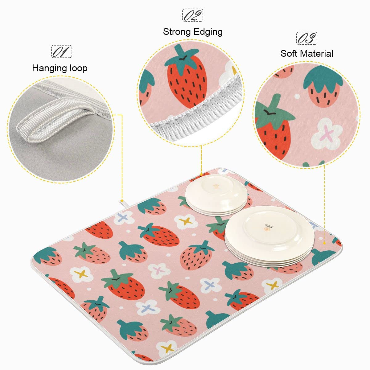 Pink Strawberry Dish Drying Mat For Kitchen Fruits Flowers Microfiber Drying Mats Absorbent Reversible Dish Pad Medium Dish Drai