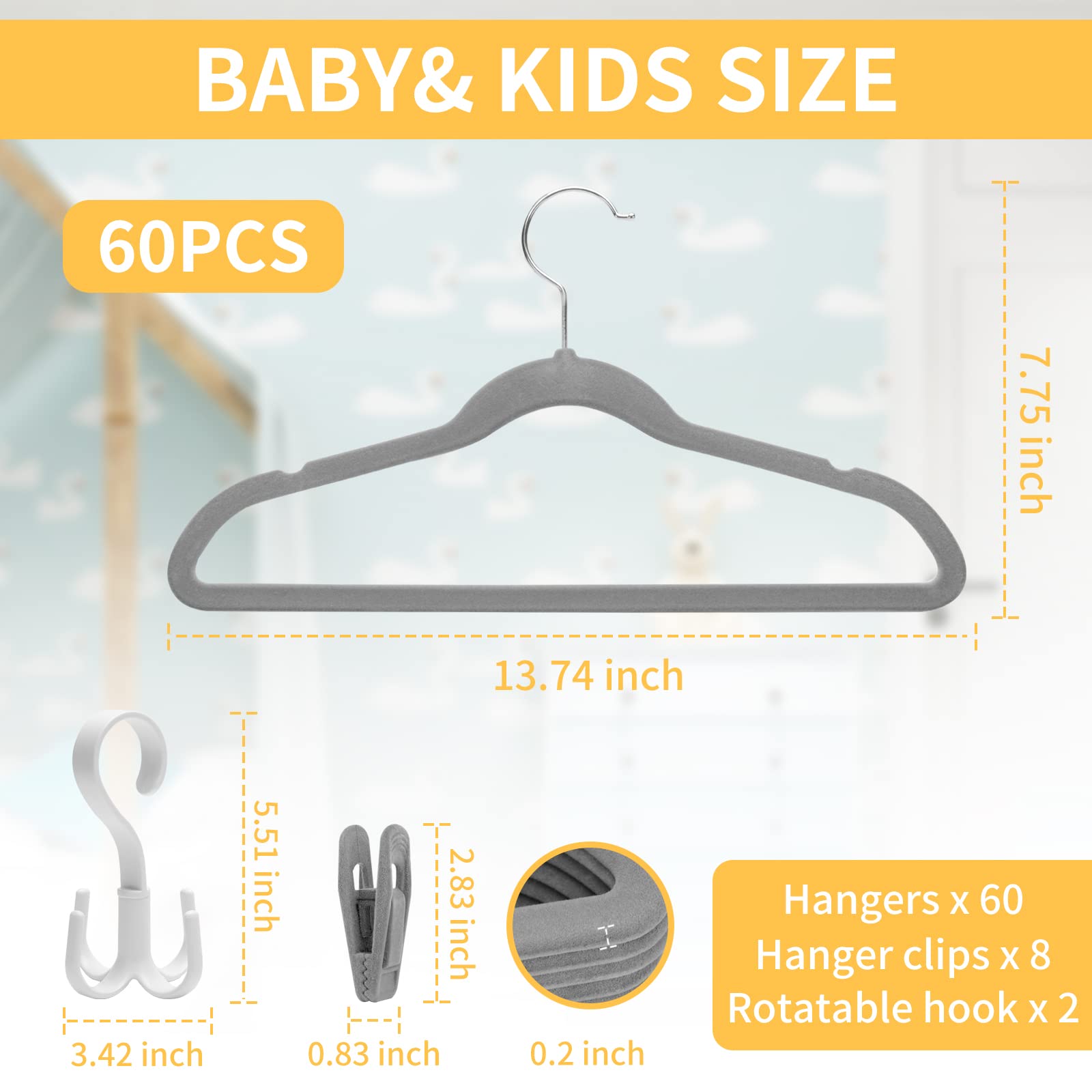 Tinfol 60 Pack Toddler Velvet Hangers, Gray Non-Slip Kids Hangers, Space Saving Felt Baby Hangers With 8 Velvet Hanger Clips And