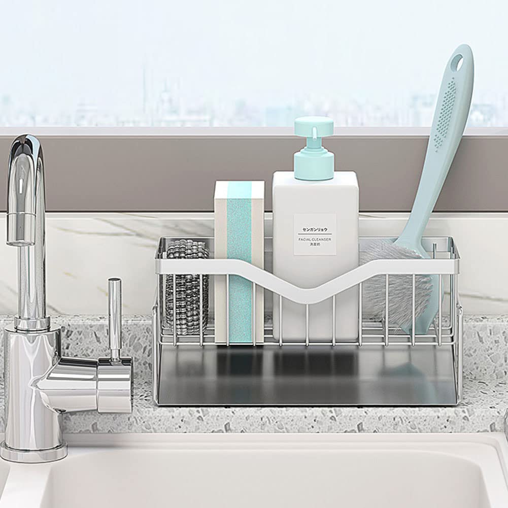 Mingfanity Kitchen Sink Caddy Sponge Holder, Quick Draining, Sus 304 Stainless Steel Sponge Organizer, Basket For Cleaning And S