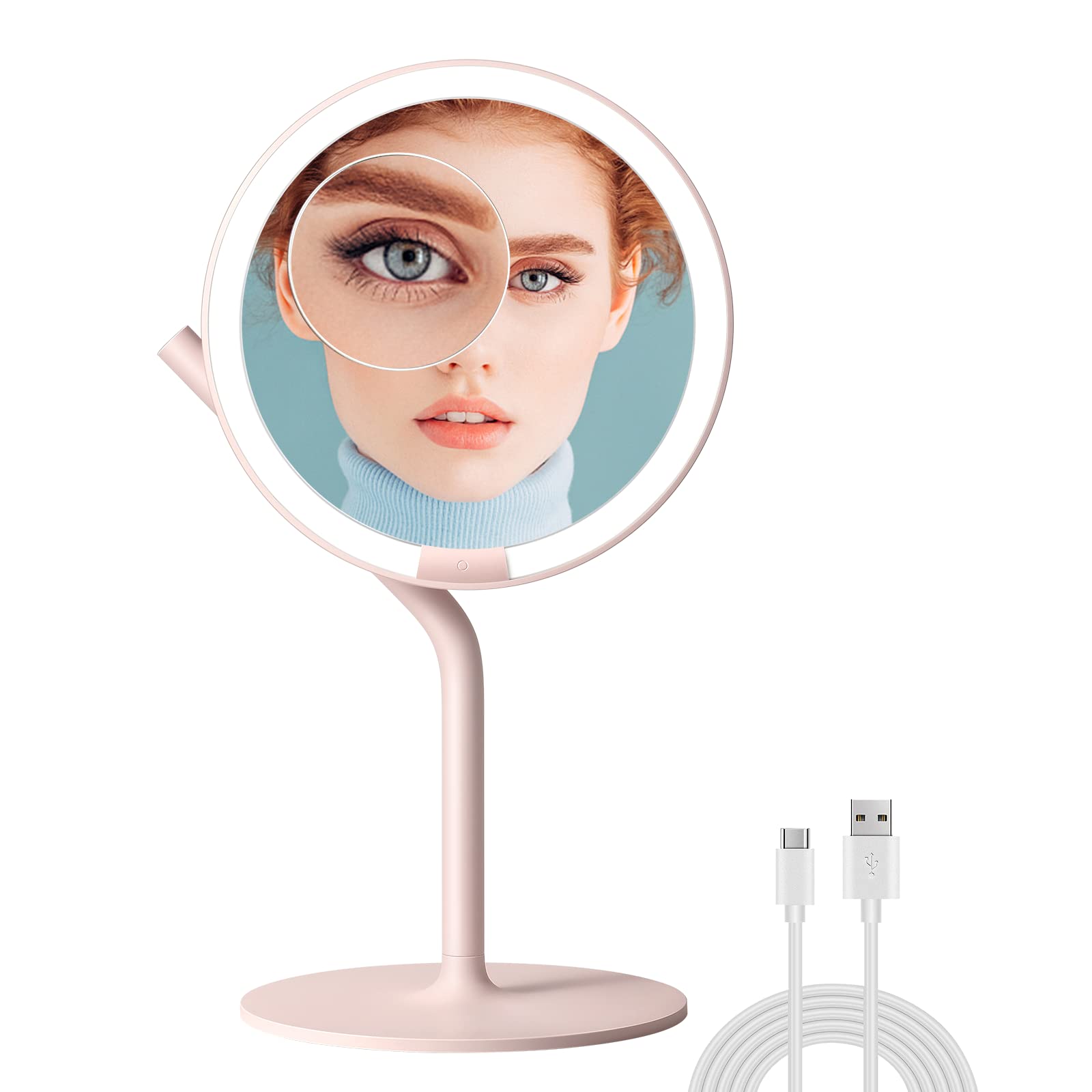 AMIRO Professional 8 LED Lighted Makeup Mirror with 5-Level Brightness, with 5X Magnifying Small Mirror, Tabletop Rechargeable C