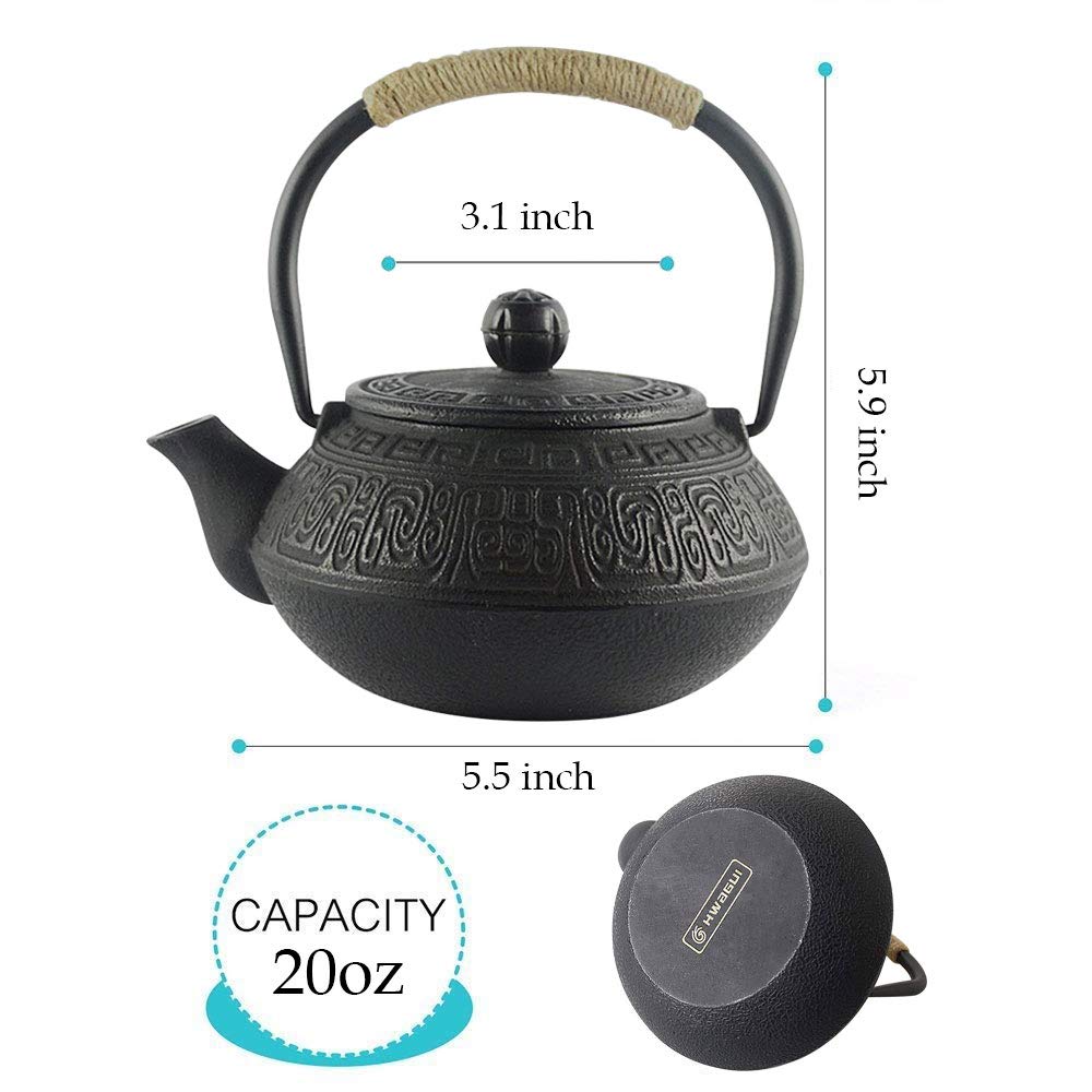 Hwagui - Japanese Cast Iron Teapot With Stainless Steel Tea Infuser, Tea Kettle Stovetop Safe 600Ml/20Oz