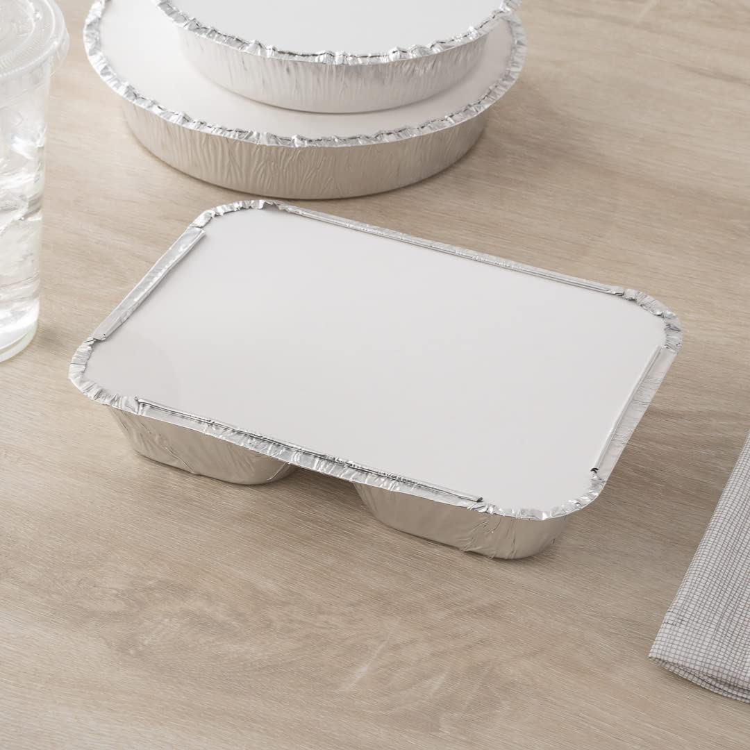 Restaurantware Lids Only: Foil Lux Aluminum Pan Lids For 3-Compartment Trays 100 Rectangle Foil Board Lids - Trays Sold Separate