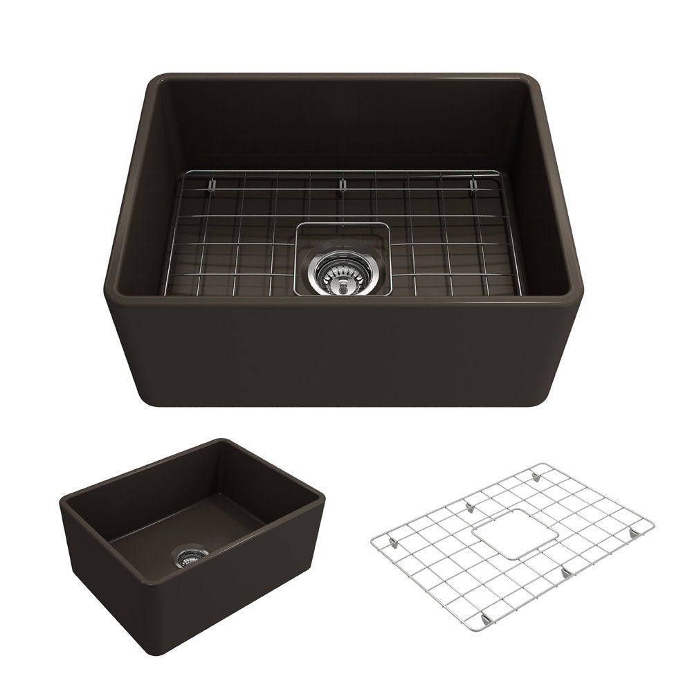 Bocchi Classico Farmhouse Apron Front Fireclay 24 In. Single Bowl Kitchen Sink With Protective Bottom Grid And Strainer In M. Br