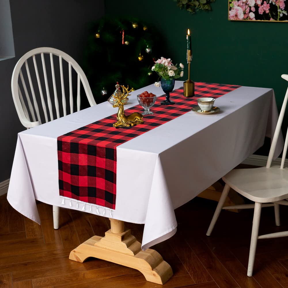 Duobao Buffalo Check Table Runner 108 Inches Tassel Plaid Tablecloth Runners Black Checkered Fabric 14X108-Inch Red Gingham Farm