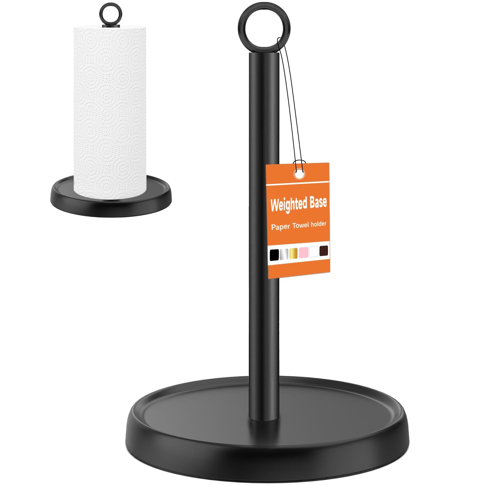 Paper Towel Holder Countertop, Stainless Steel, Weighted Base, Anti-Slip, Black Paper Towel Holder Stand for Kitchen Bathroom Fa