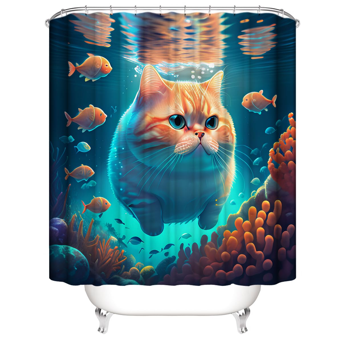 Dds-Dudes Cute Cat Shower Curtain Set For Kids Bathroom, Funny Orange Garfield Swimming And Fish In Sea Fabric Decor Waterproof