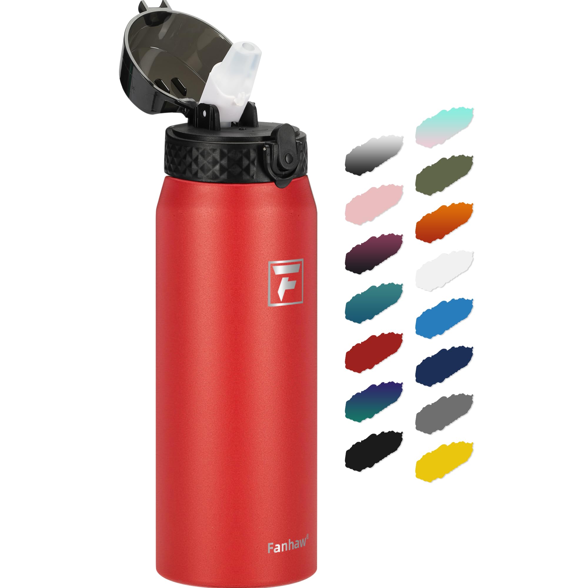 Fanhaw 24 oz Insulated Stainless Steel Water Bottle with Straw Lid, Leakproof & Anti-Dust Sports Bottle for Kids, Women & Men (R