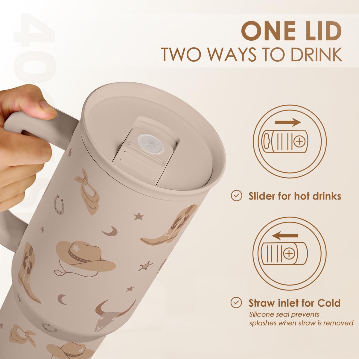 Cowgirl Tumbler 40oz for Women Girls - Stainless Steel Travel Coffee Mug Cup with Handle and Straw, Gift for Birthday Christmas