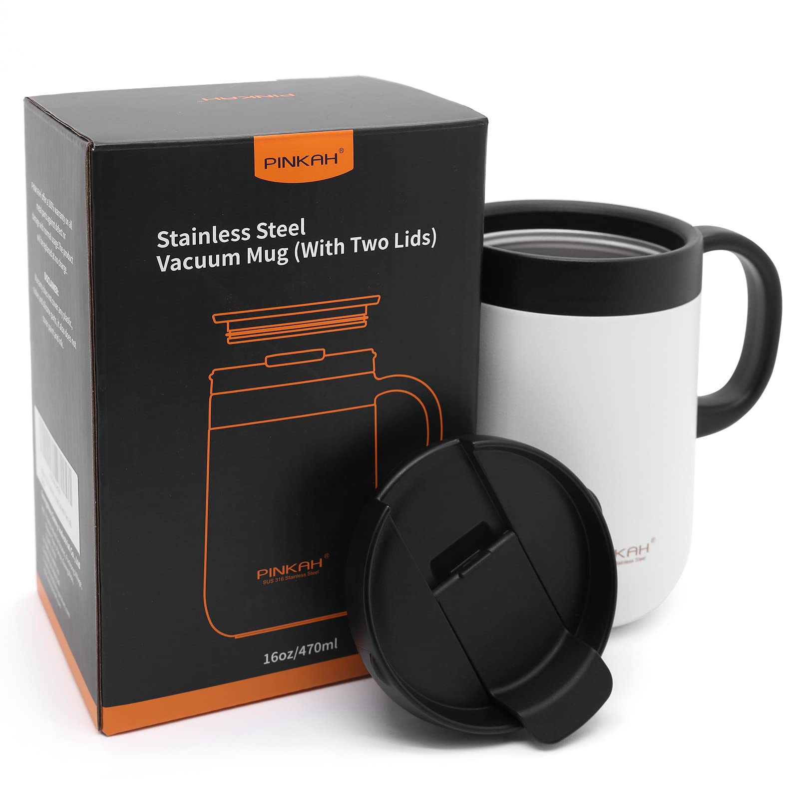 Pinkah 16Oz Coffee Mug Cup With Handle, Insulated Stainless Steel Coffee Cup With Lid, Hot And Cold Beverages, Double Walled Vac