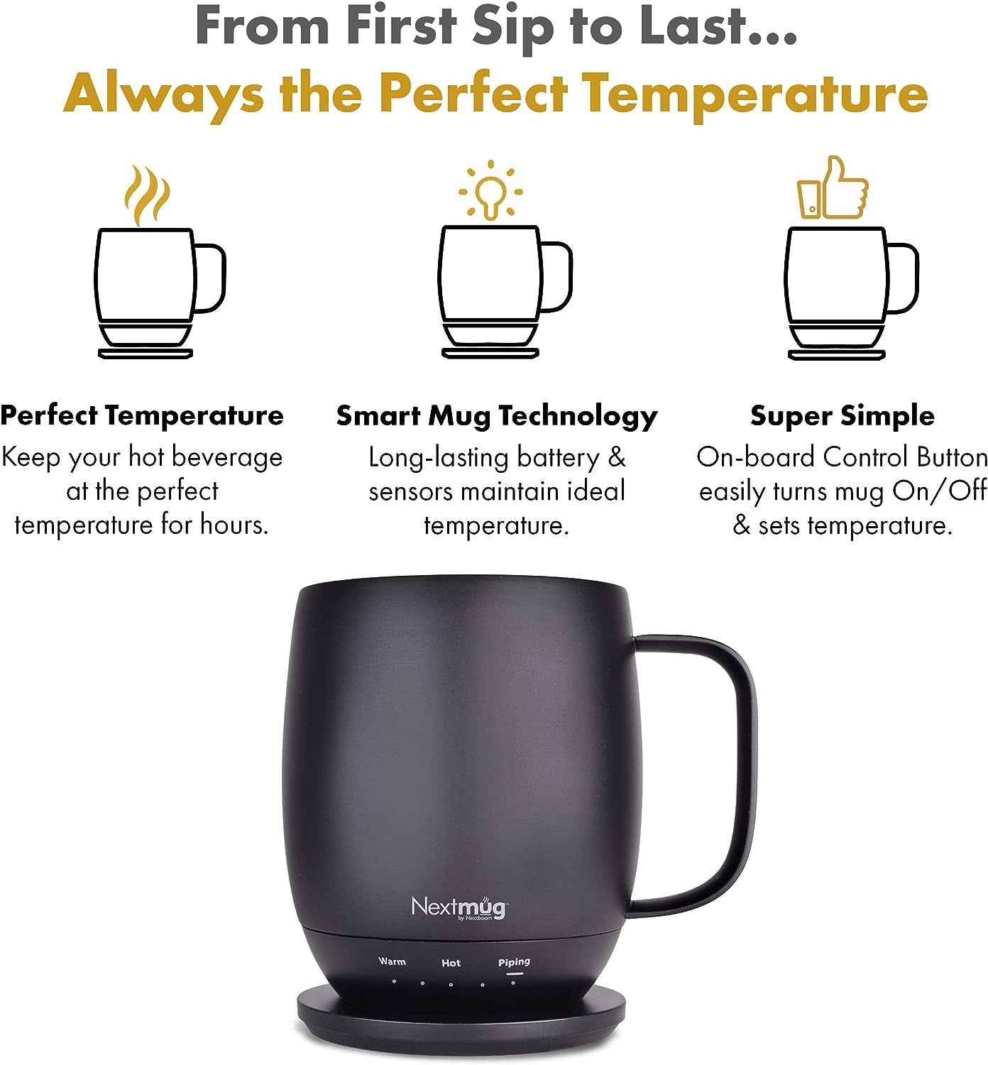 Nextmug - Temperature-Controlled, Self-Heating Coffee Mug (Graphite - 14 Oz.)