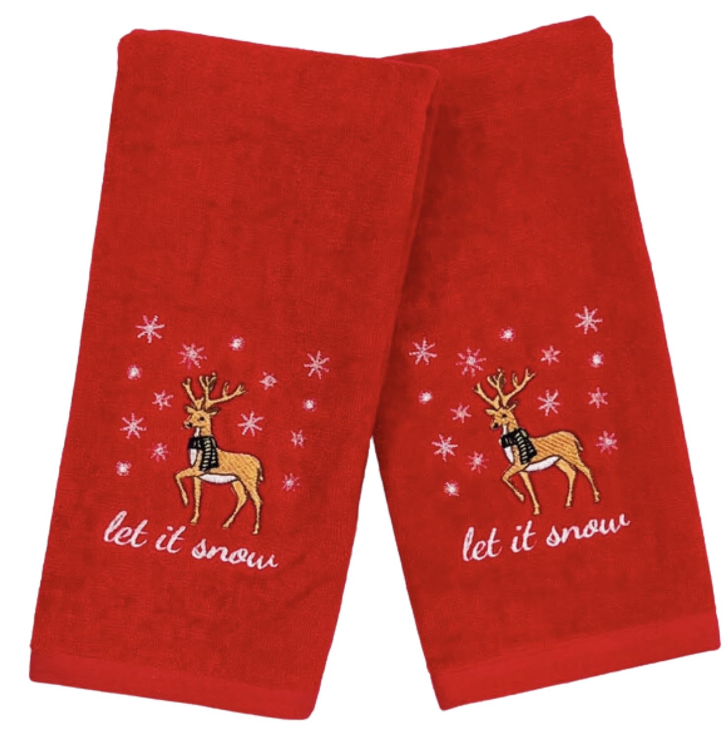 Serafina Home Holiday Christmas Guest Hand Towels: Country Farmhouse Red Terrycloth Towels With Reindeer Let It Snow Embroidered