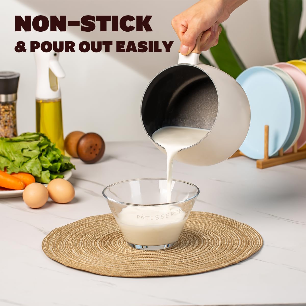 Lisos 2.5 Quart Non-Stick Sauce Pan With Lid,Small Milk Pots For Cooking With Pour Spout,Aluminum Stock Pot Wood Handle For Kitc