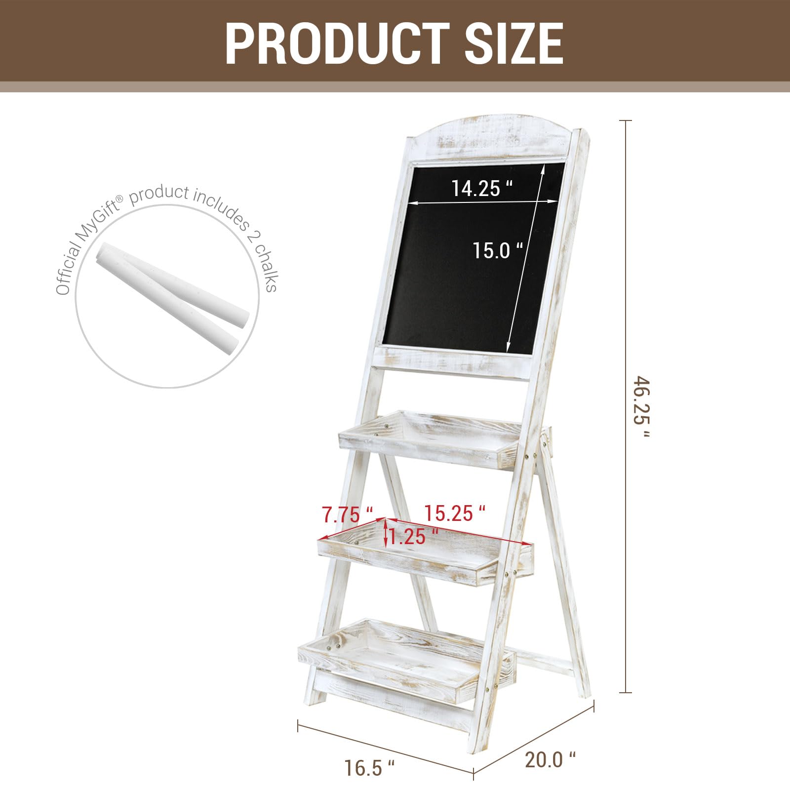 MyGift Shabby Whitewashed Wood Freestanding Chalkboard Easel with 3-Tiered Display Shelves, Decorative Chalkboard Plant Shelf St