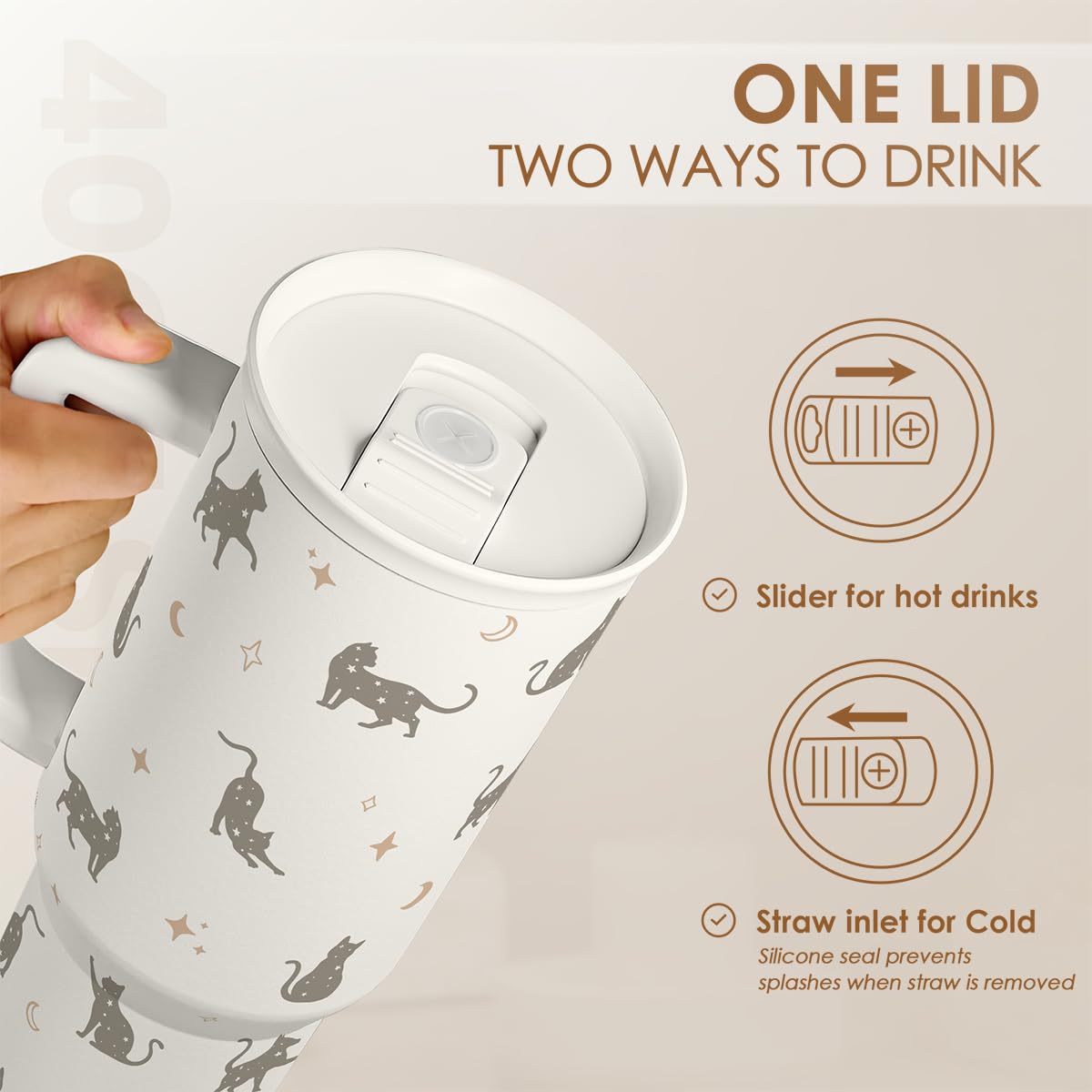 Gift for Cat Lovers Cat Mom - 40oz Stainless Steel Tumbler with Handle and Straw - Travel Coffee Mug for Women, Gift for Birthda