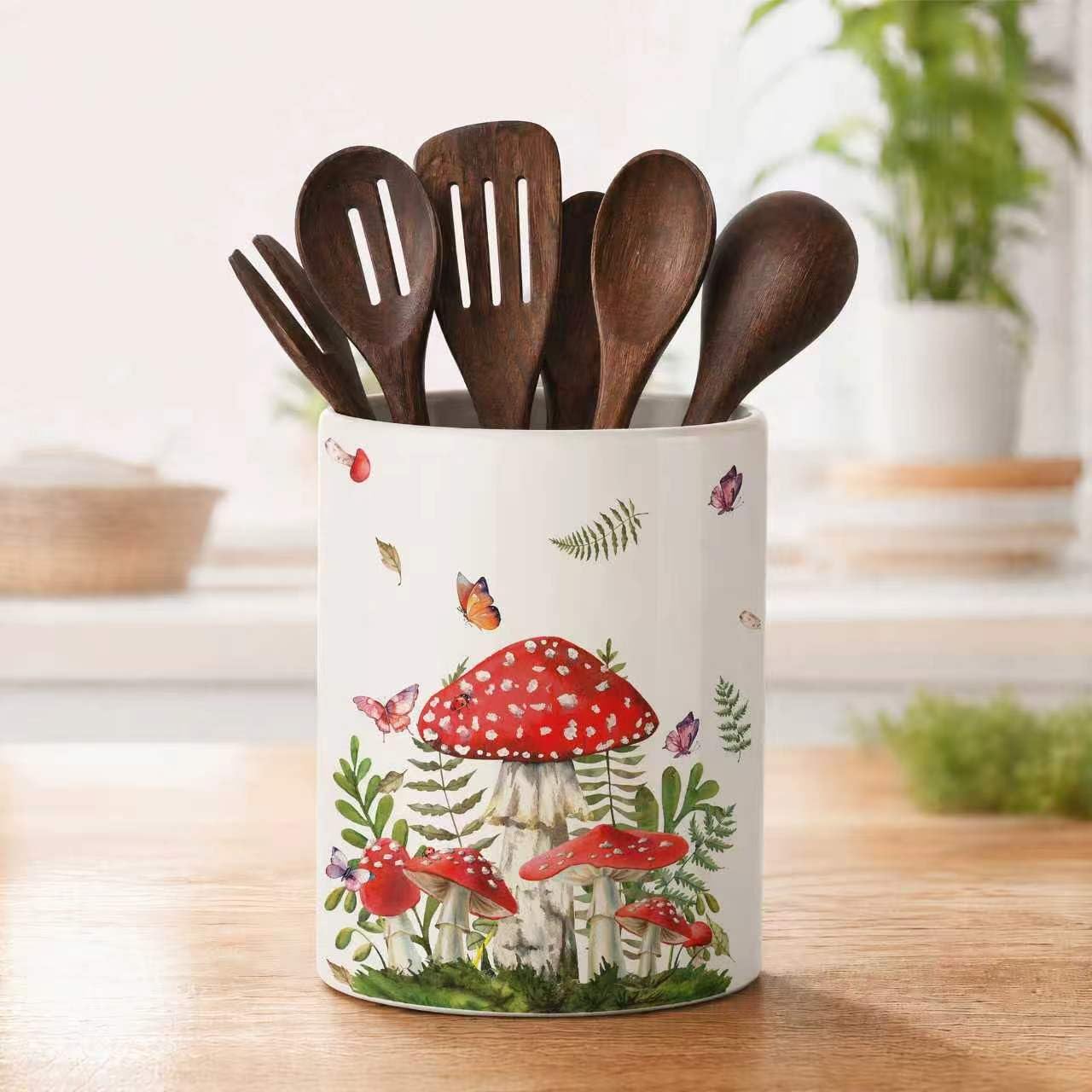HGIK Mushroom Ceramic Utensil Crock, HandPainted Forest Mushroom Kitchen Utensil Holder, Farmhouse Countertop Storage Caddy, Ki
