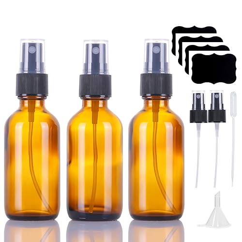 LUFEVRM 2oz Glass Spray Bottles Empty Small Perfume Travel Refillable Reusable Fine Mister Spray Bottle for Hair Cleaning Solutions Aromatherapy and Essential Oil with Extra Nozzle (3 pack  Amber)
