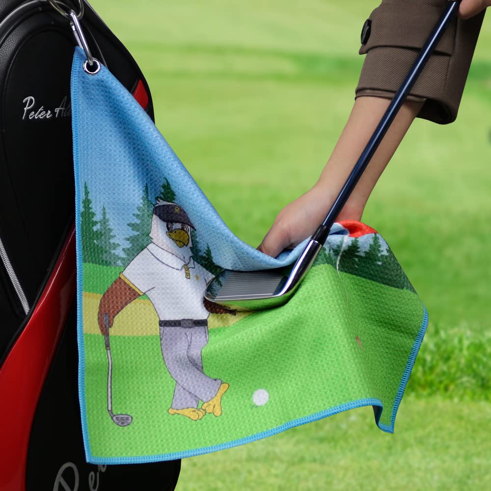 PINMEI Golf Towel for Golf Bag with Clip 1pc Microfiber Waffle Pattern Towels Cartoon Eagle Golf Club Towel for Men Women Golfer