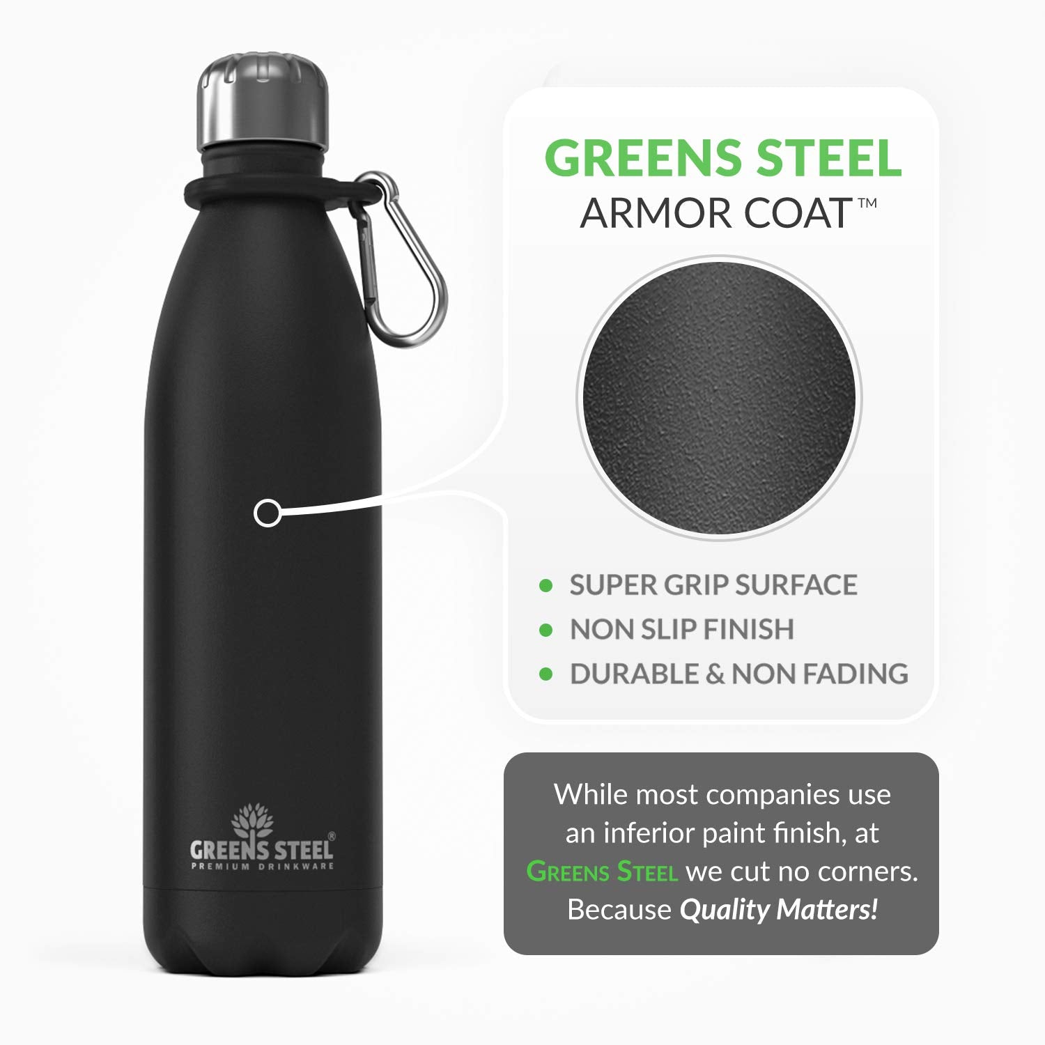 Greens Steel Stainless Steel Water Bottle - 17 Oz, Black | Vacuum Insulated Double Wall With Screw Lid/Leak Proof | Thermal Trav