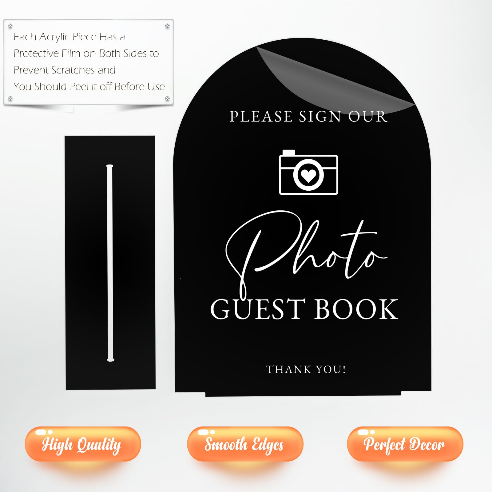Acrylic Photo Guestbook Sign with Stand- 5x7 Black Arched Wedding Signs and Base,1/8 Thick | Modern Calligraphy White Lettering