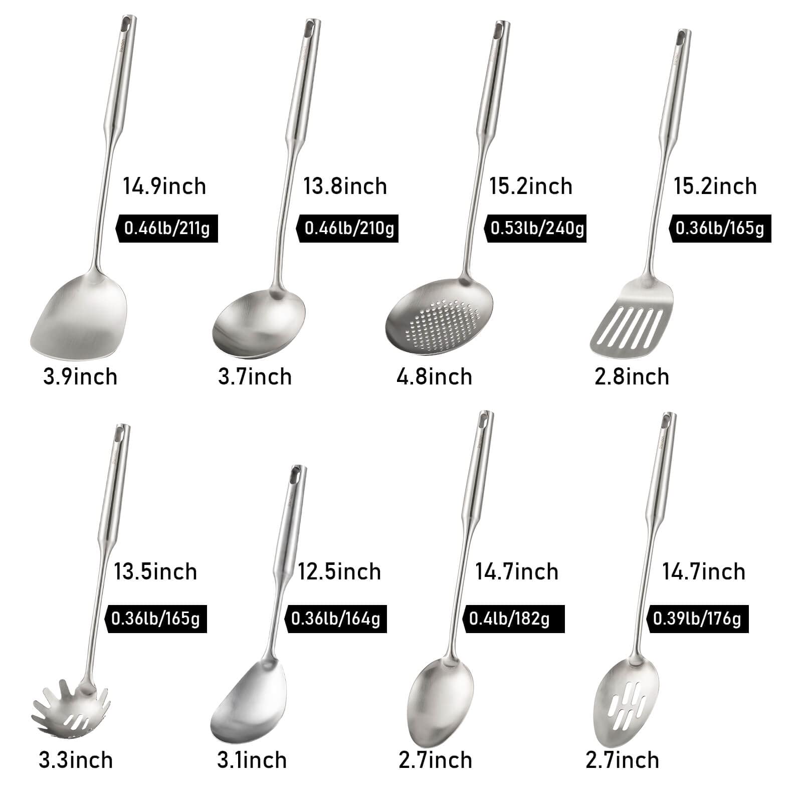 304 Stainless Steel Kitchen Utensils Set - 8 Pcs All Metal Cooking Tools With Spatula, Solid Spoon, Slotted Spoon, Ladle, Skimme