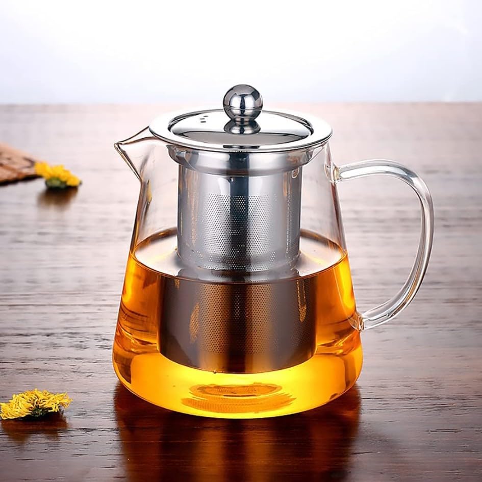 SKDBPM Glass Teapot with Stainless Steel Removable Infuser and Lid Tea Kettle Tea Kettle for Blooming Tea & Loose (Triangle Stra