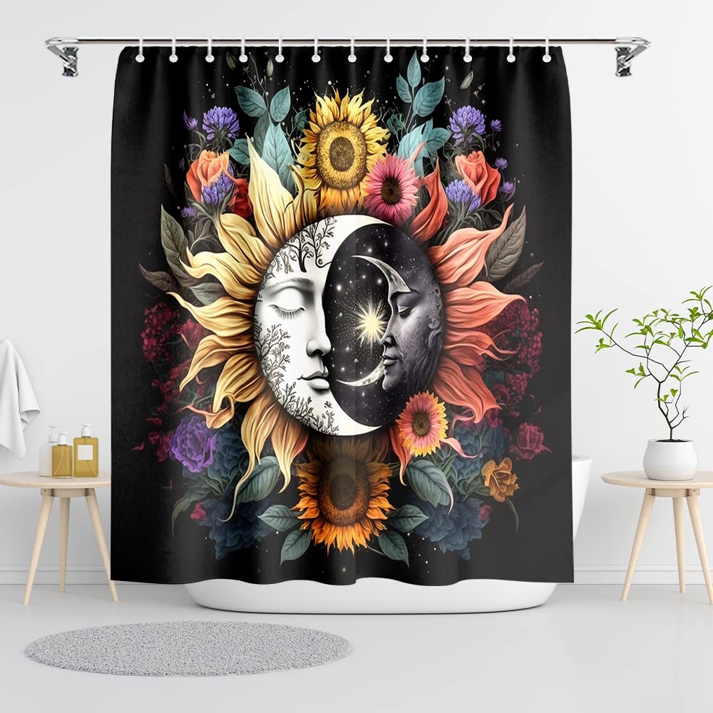 Reateforin Boho Mid Century Shower Curtain Celestial Sun Moon Love Stars Fantasy Galaxy Mushroom Shower Curtains Sunflower Plant