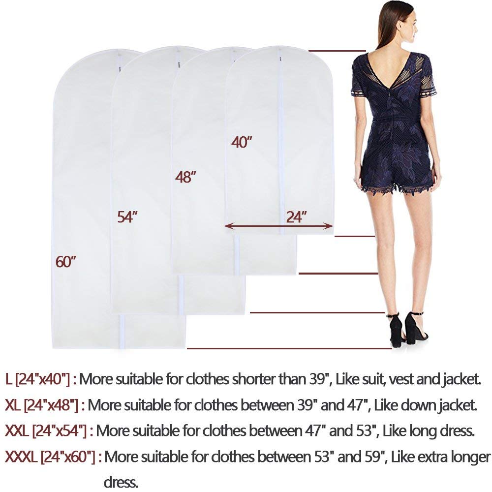 garment Bag clear 24 x 54 Long Dress garment Bags White Breathable Full Zipper Dust cover for clothes Storage closet Pack of 6