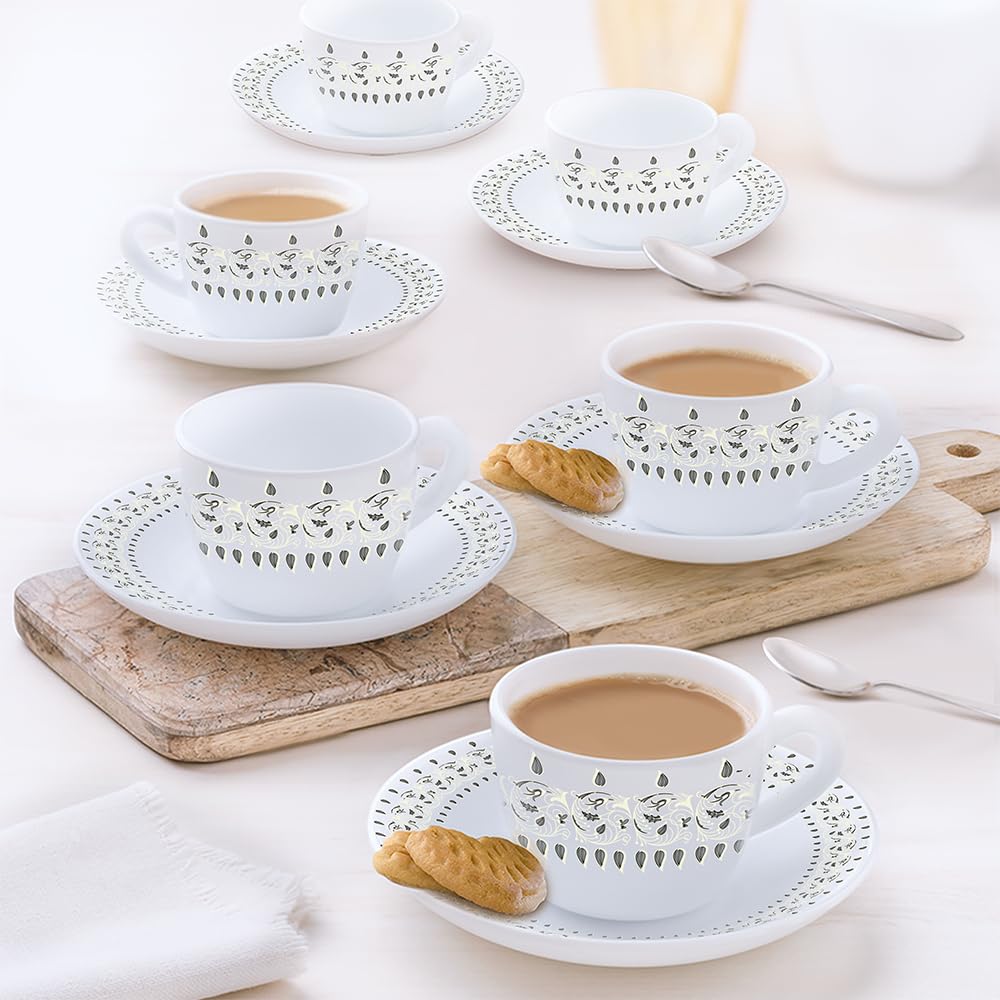 Larah By Borosil Ora Gold Opalware Cup And Saucer Set Of 12 Pcs | Tea/Coffee Cups 90 Ml | Microwave & Dishwasher Safe | BoneAsh