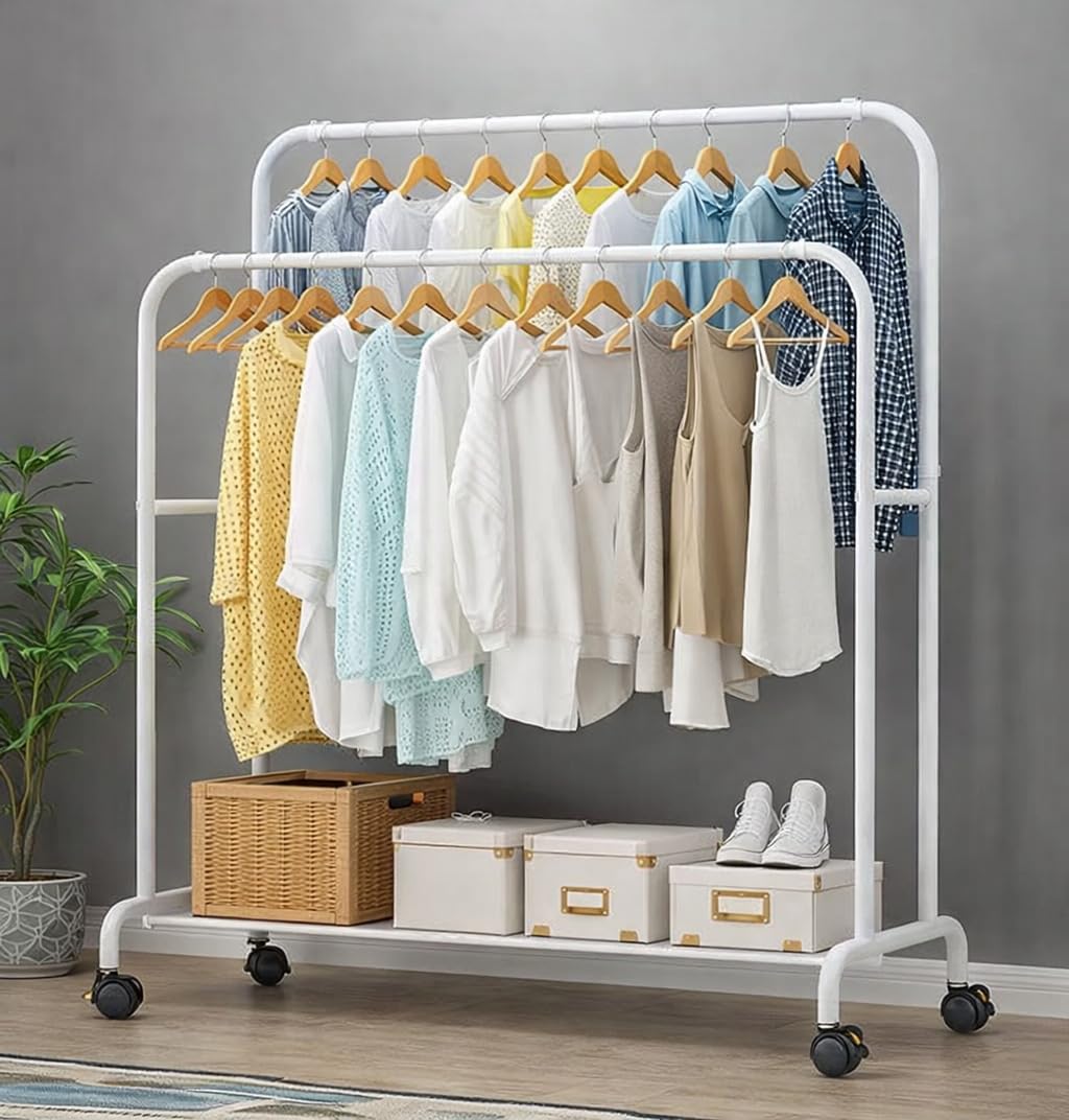 Owme Heavy Duty Metal Garment Rack With Wheels | Portable Clothes Hanging Stand | Rolling Clothing Rack For Bedroom, Laundry & R