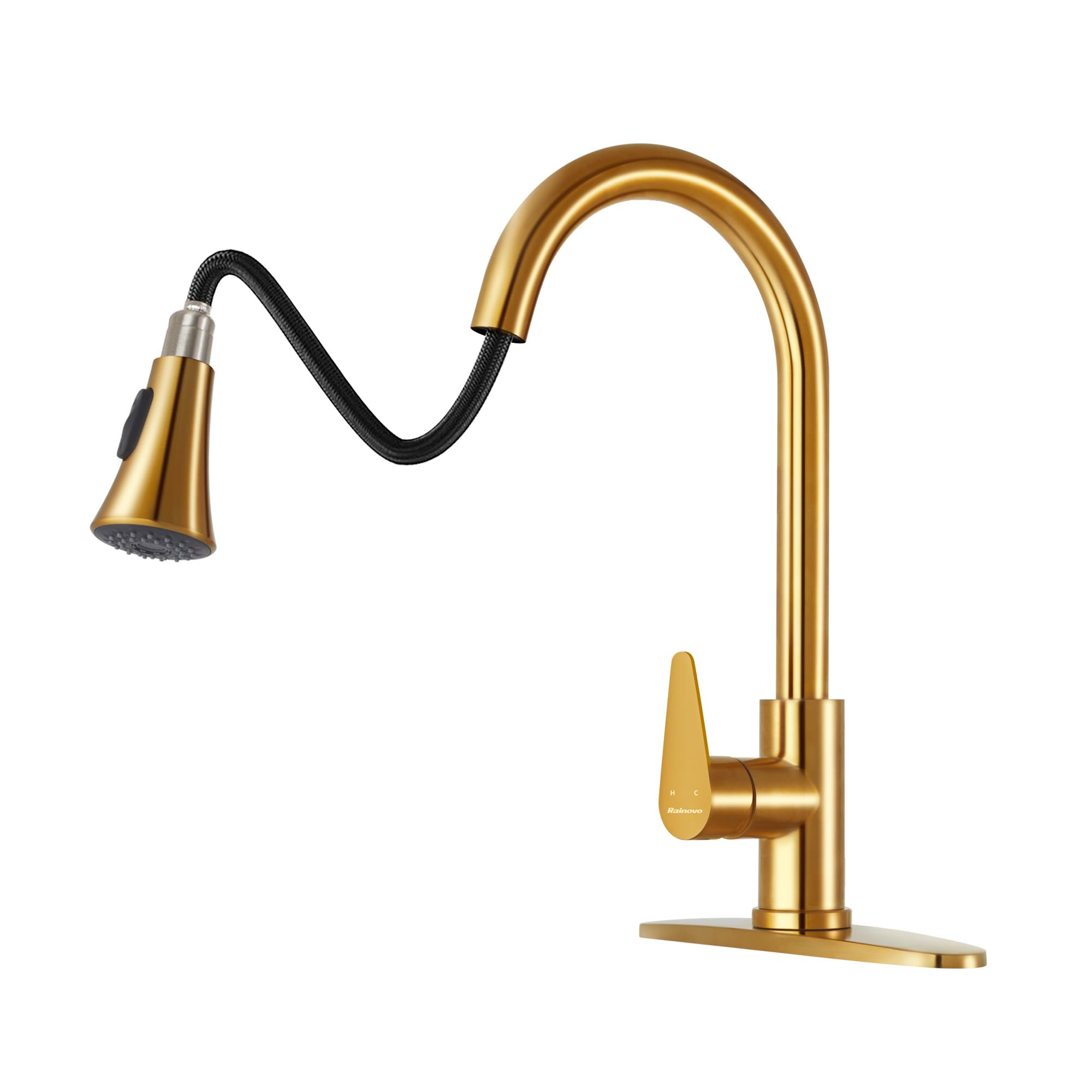 Rainovo Kitchen Faucet with Pull Down Sprayer Brushed Gold, 3 Hole Kitchen Sink Faucet Stainless Steel Single Handle, High Arc F
