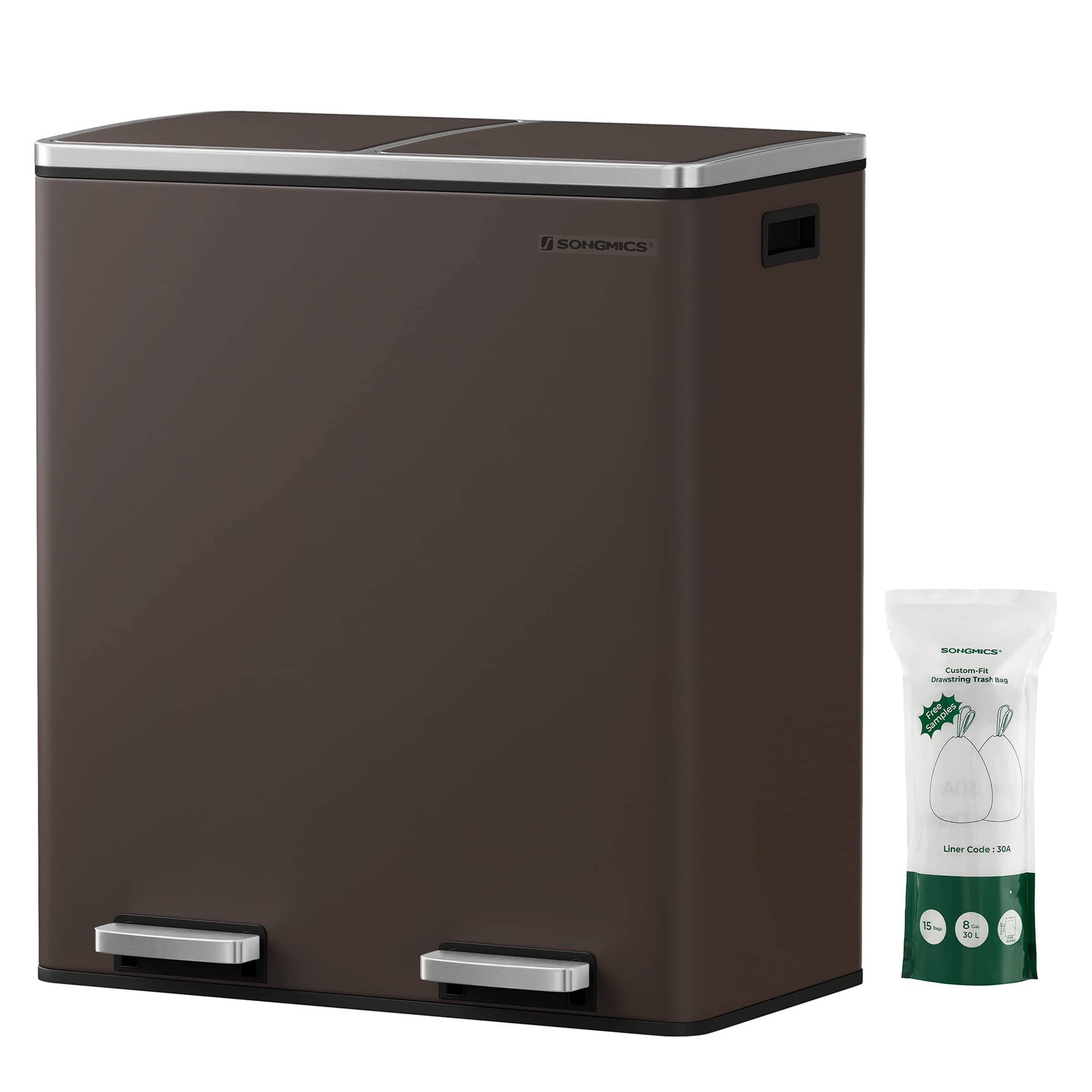 Songmics Trash Can, 2 X 8 Gallon (2 X 30 L) Garbage Can For Kitchen, With 15 Trash Bags, 2 Compartments, Plastic Inner Buckets A
